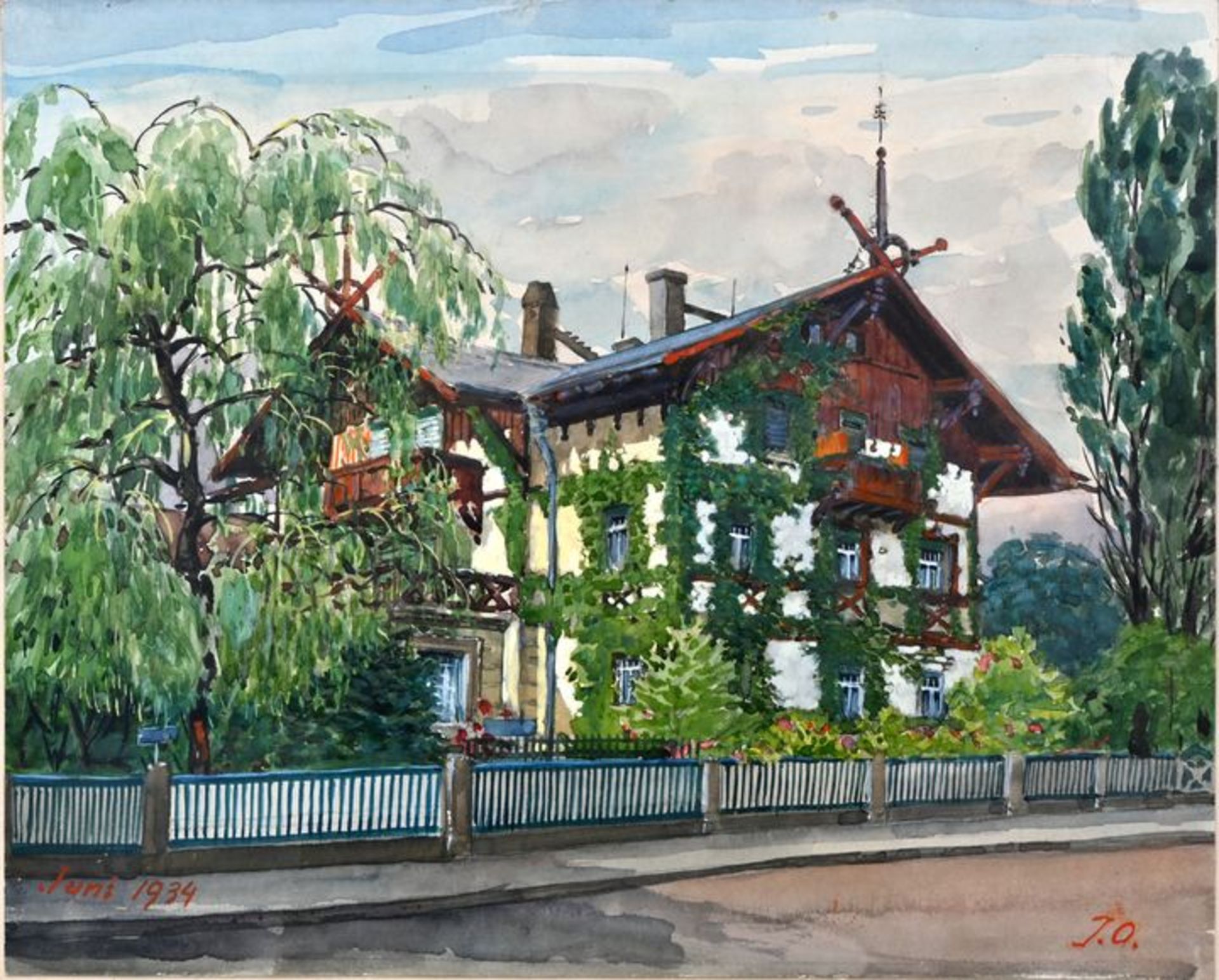 Monogrammist JOWeinberankte Villa im Schweizerstil (Dresden?). Aquarell und Gouache. 1934. Mo