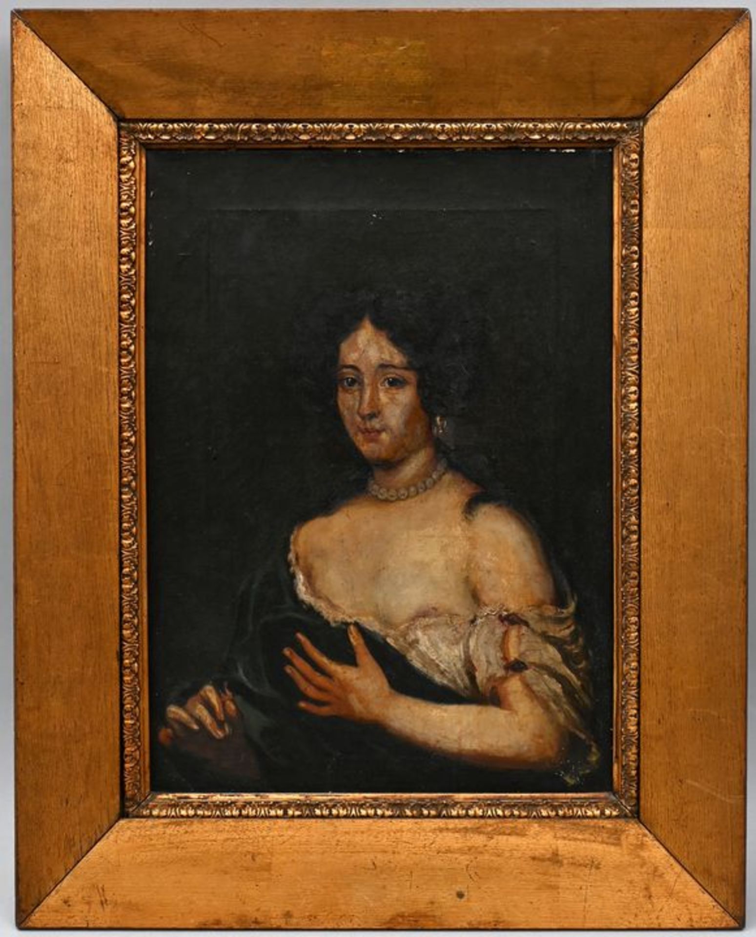 Unbekannter Porträtmaler, 2. H. 19. Jh.Dame mit Perlenkette. Öl auf Leinwand, Oberflächlic - Bild 2 aus 2