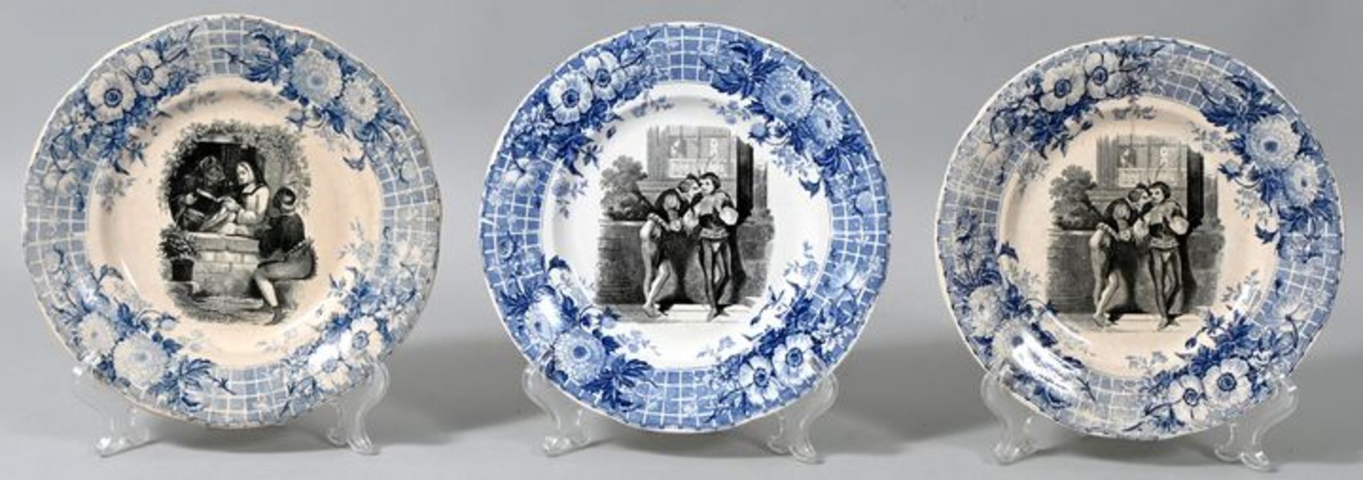 Drei Steingutteller, Mettlach o. Dresden, Villeroy & Boch, ca. 1860/70Kupferumdruckdekor in B