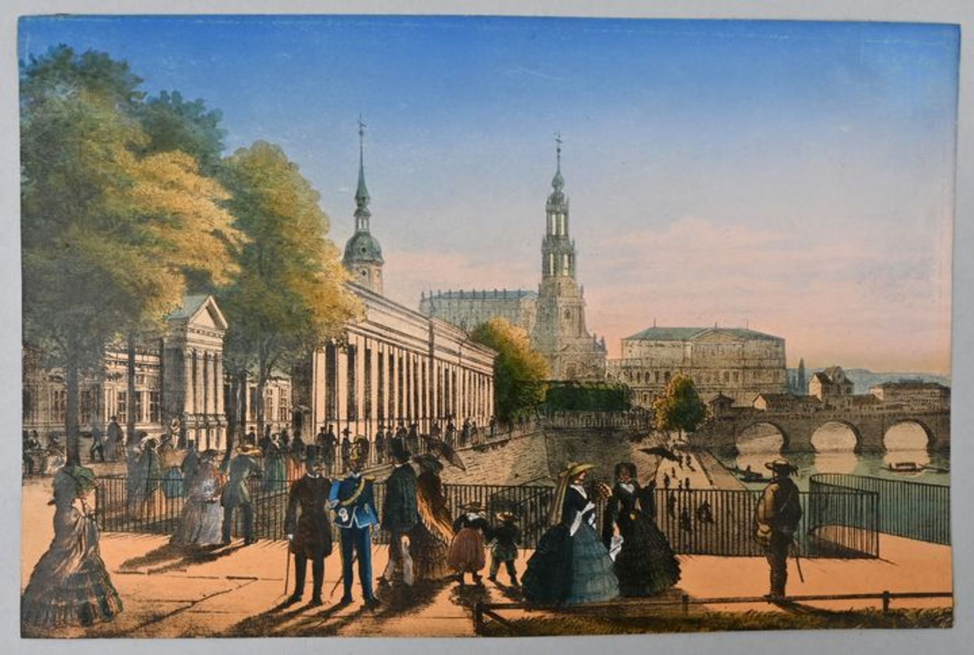 Ansicht von Dresden, um 1840: Café Reale auf der Brühl'schen Terrasse, Lithographie,kolorie