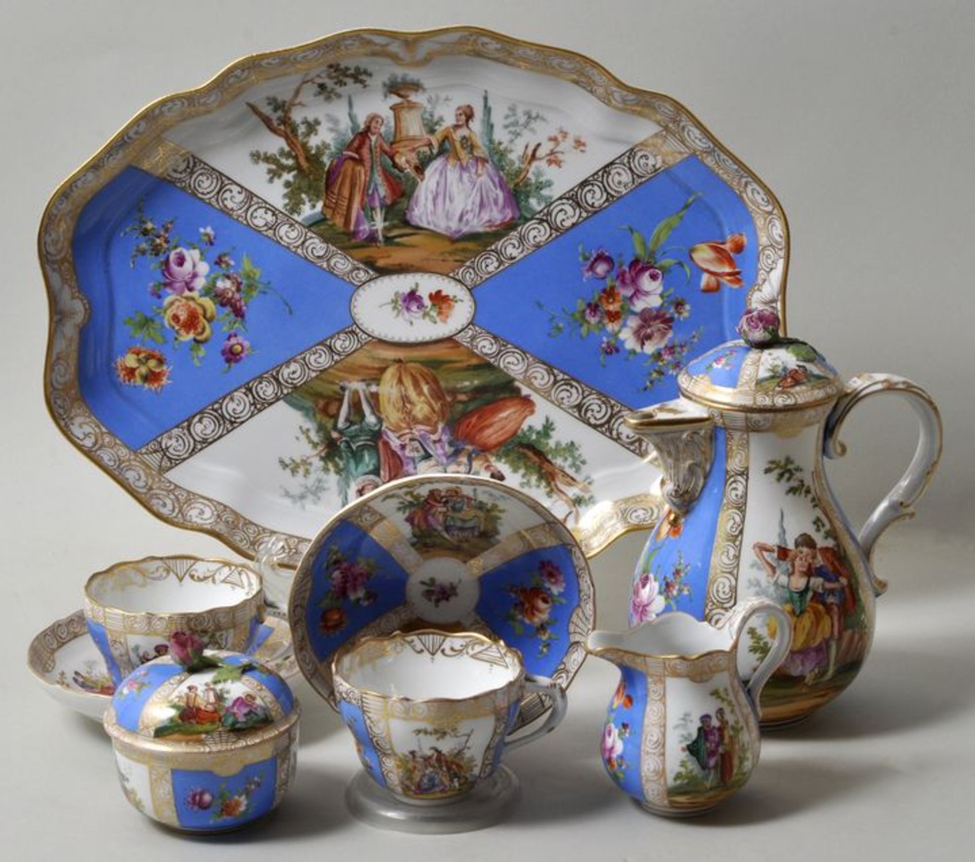 Dejeuner, Meissen, Bemalung Helena Wolfsohn, ca. 18608-teilig, bestehend aus Tablett mit zwei