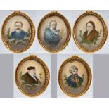 Fünf Miniaturbildnisse, 20. Jh.Herrenporträts Elfenbein, Metallrahmen feuervergoldet, 5,5 x