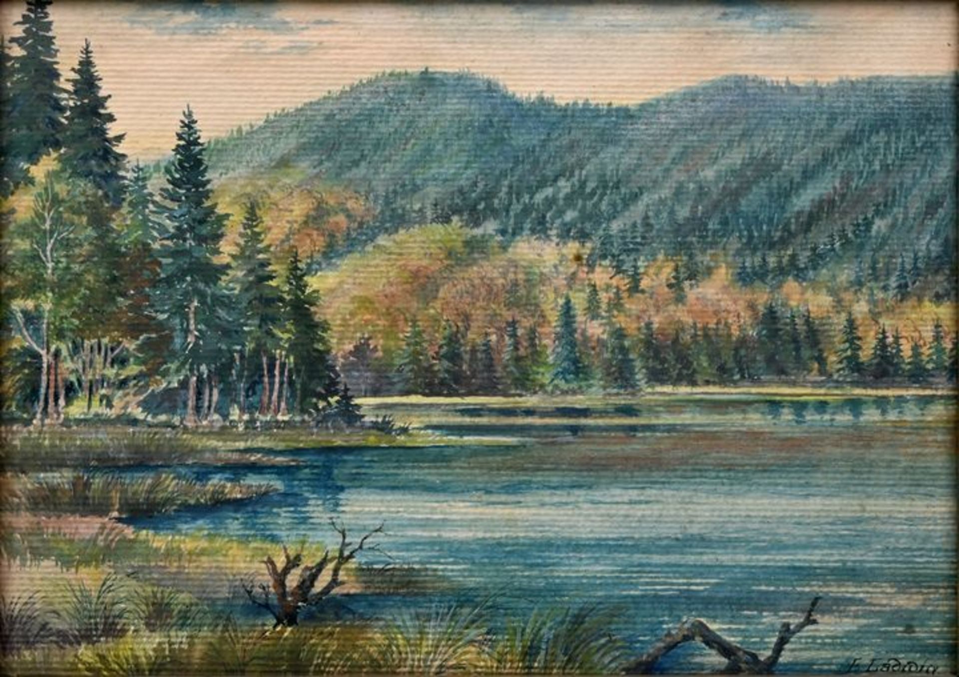 Ladidia, E.Waldsee im Mittelgebirge. Gouache. 1930er Jahre. Signiert unten rechts. Hinter Gla