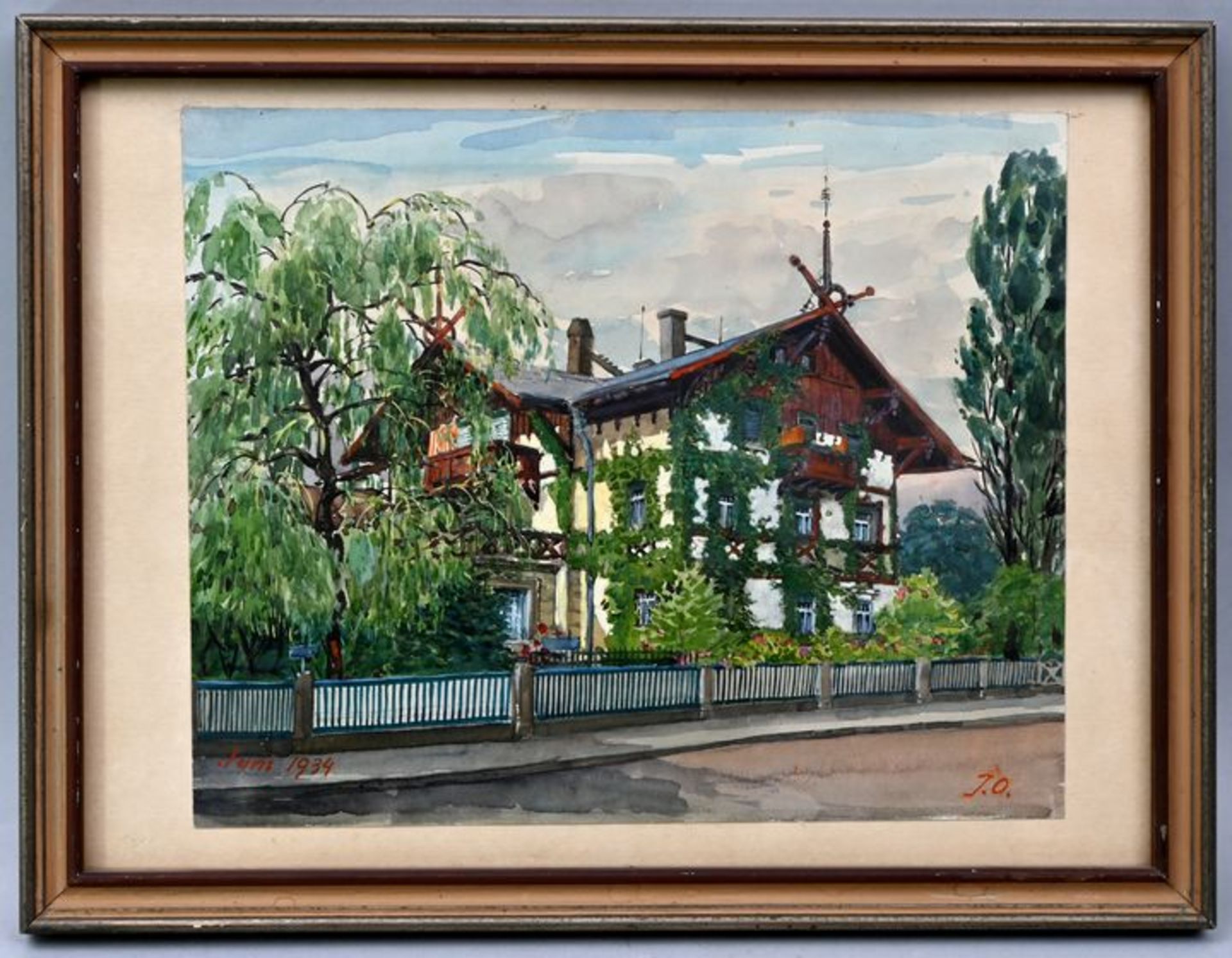 Monogrammist JOWeinberankte Villa im Schweizerstil (Dresden?). Aquarell und Gouache. 1934. Mo - Bild 2 aus 2