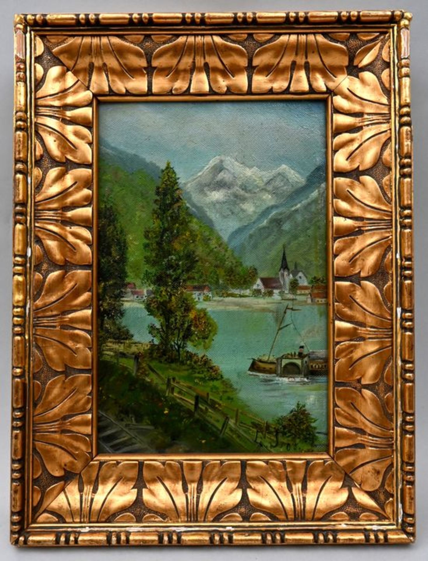 Monogrammist ESKleine Alpenseelandschaft mit Raddampfer. Öl auf Malpappe. 1905. Monogrammier - Bild 2 aus 3