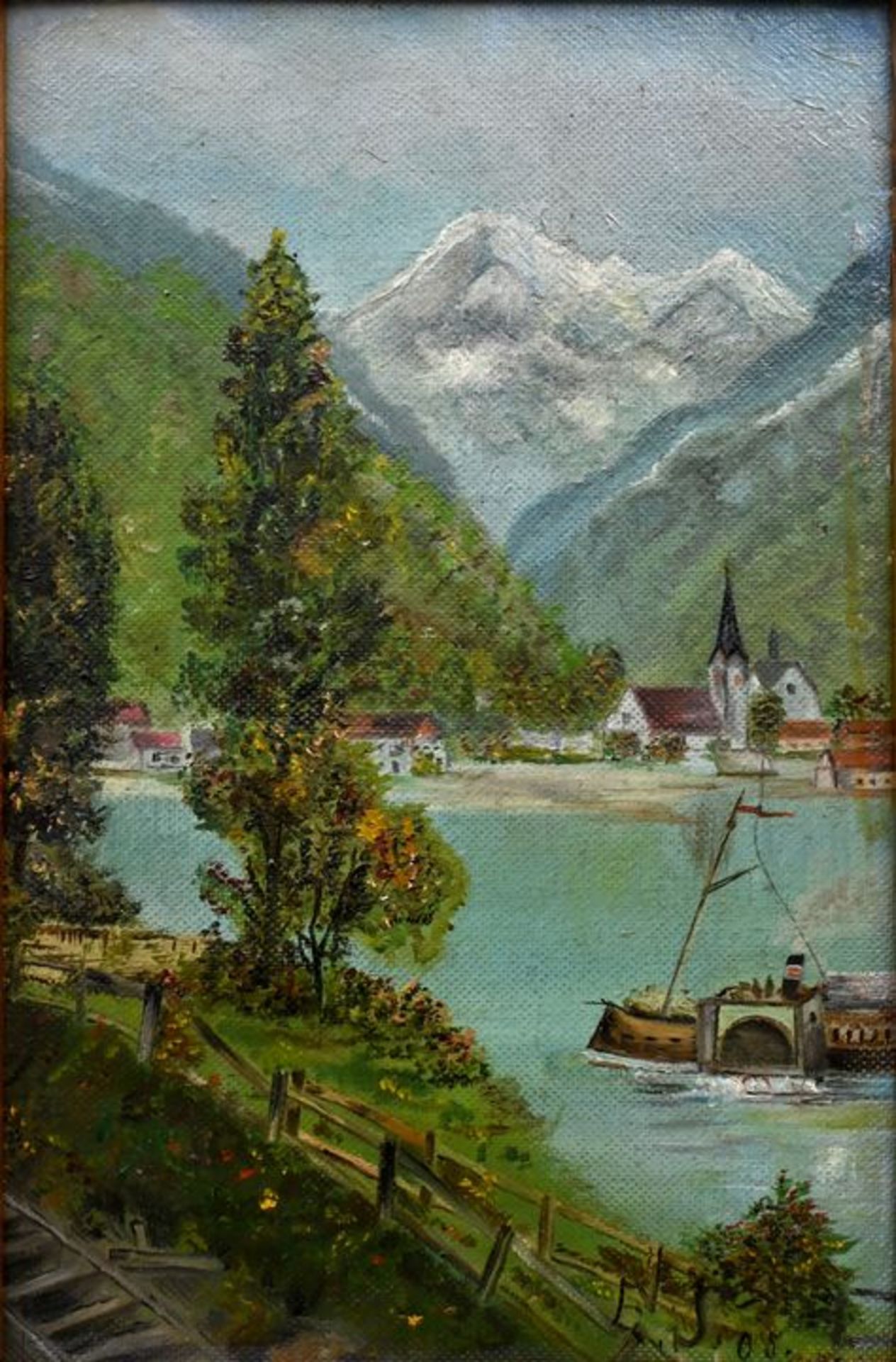 Monogrammist ESKleine Alpenseelandschaft mit Raddampfer. Öl auf Malpappe. 1905. Monogrammier