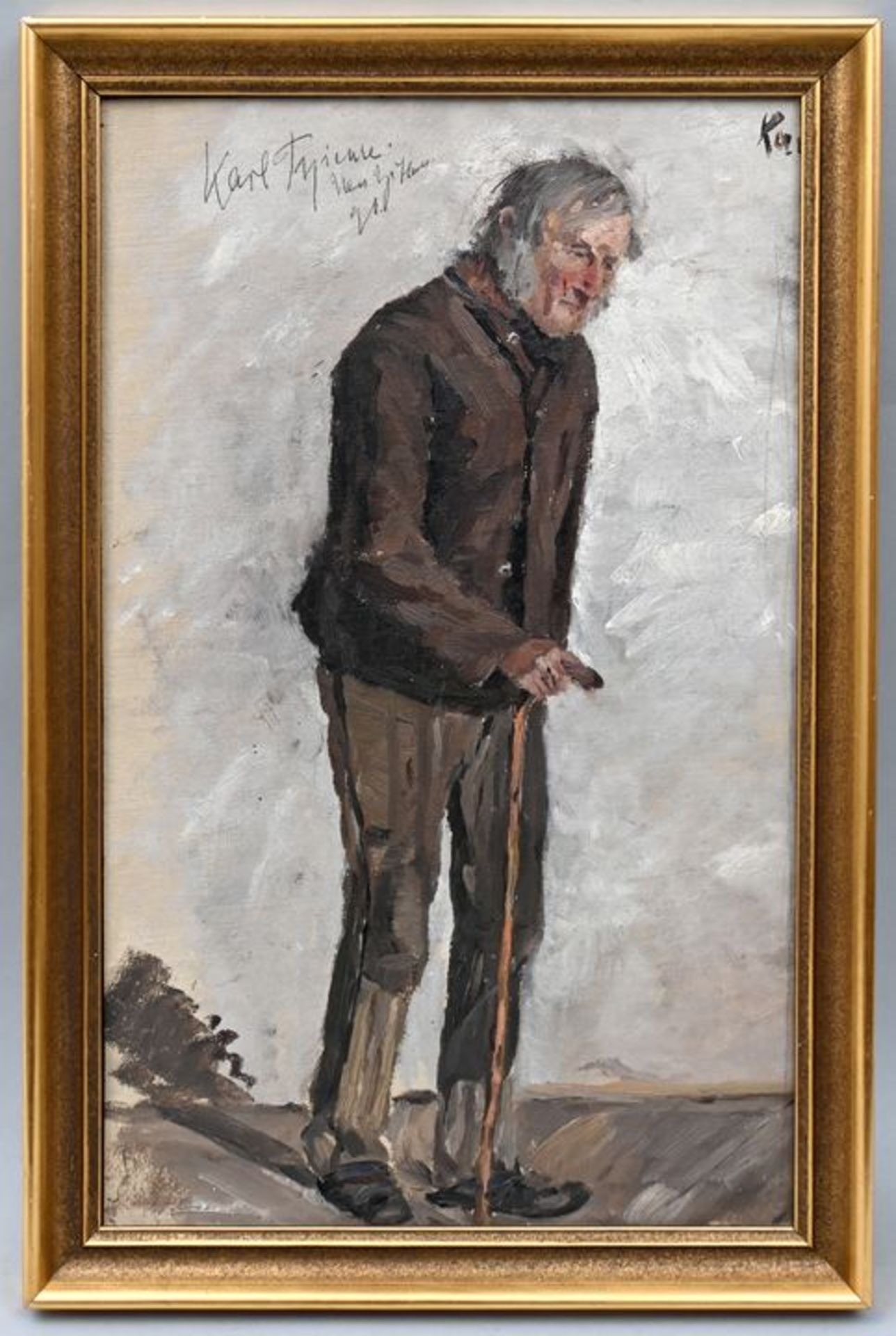Thieme, Karl19./20. Jh. Alter Mann mit Gehstock. Öl auf Malpappe. 1890. In Blei signiert und - Image 2 of 2
