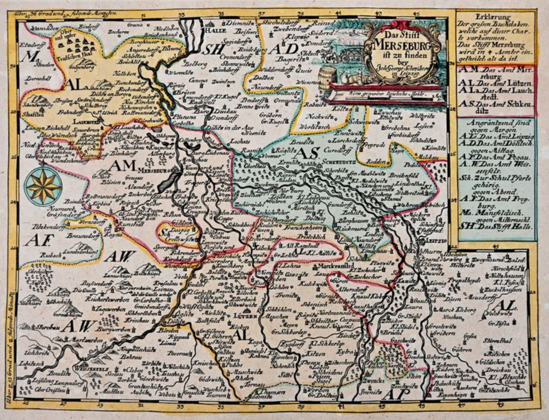 Kartenblatt des Amts Merseburg, Kupferstichkarte/ Bütten, grenz-und flächenkoloriert,gestal