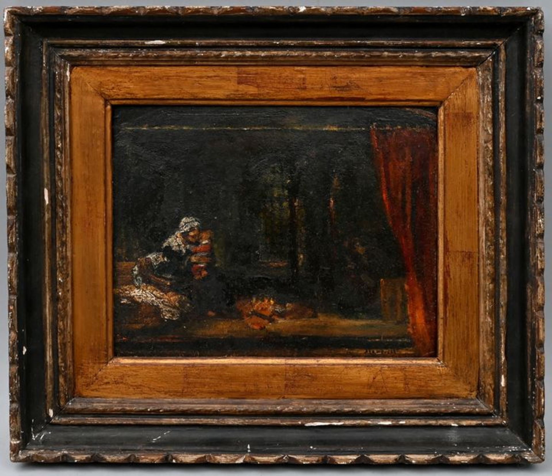 Monticelli, Adolphe. 1824-1886 MarseilleInterieur: Mutter und Kind an Feuerstelle. Öl auf Pa - Image 2 of 3