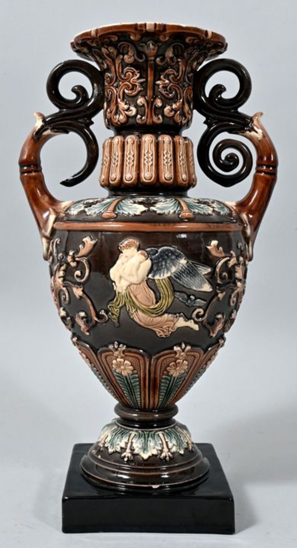 Historismus-Ziervase, 2. H. 19. Jh.Keramik/ Steingut, Balusterform mit Voluten-Doppelhenkel, - Bild 2 aus 2