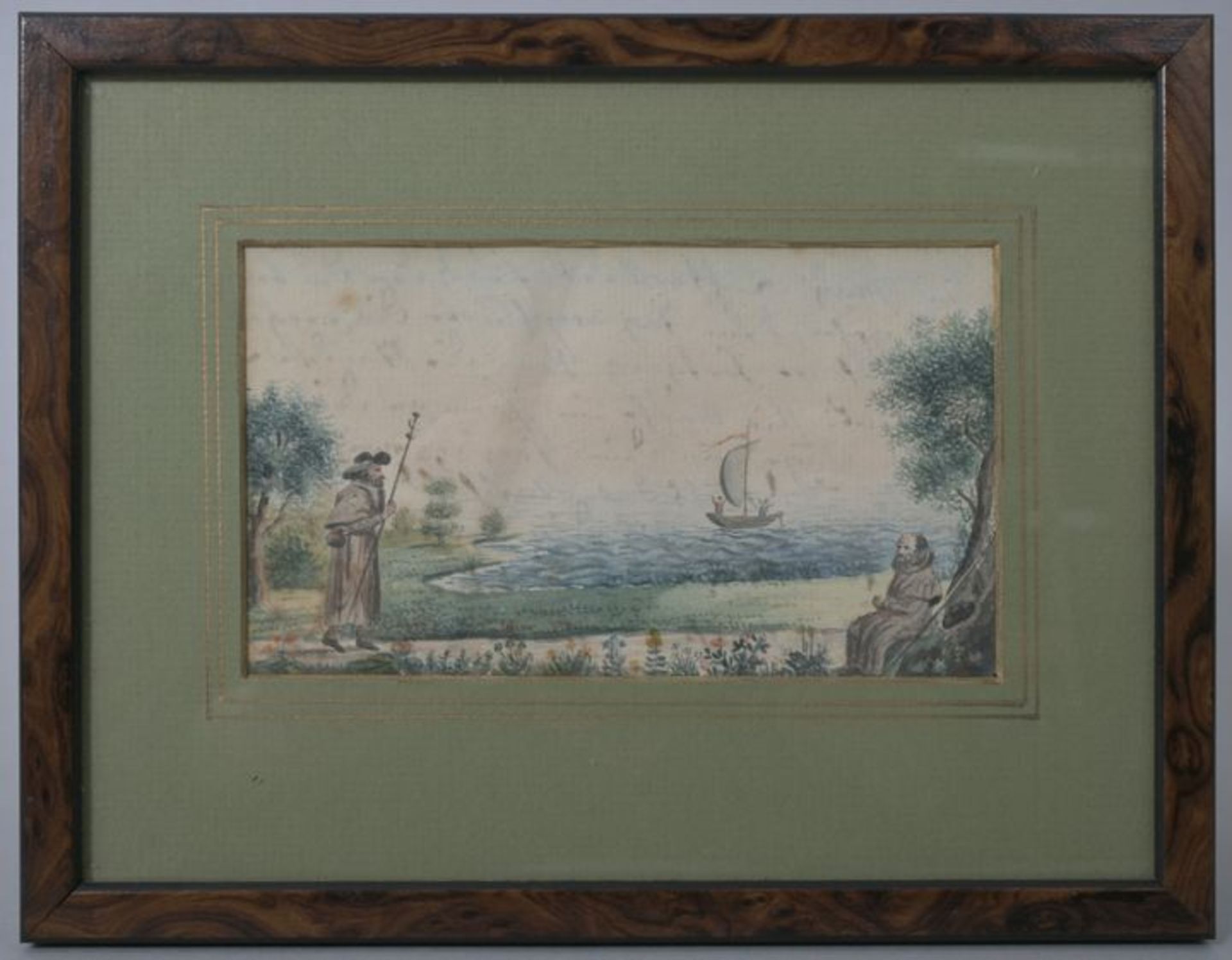 Unbekannt, um 1830/1840Zwei Jakobspilger in Landschaft. Aquarell, rückseitig in Tinte beschr - Bild 2 aus 2
