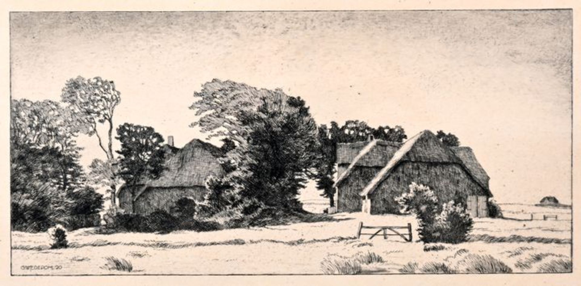 Wedepohl, Gerhard. 1893 Schönebeck b. Bremen-1930 Bremen Norddeutsche Landschaft mit Bauernhäusern.