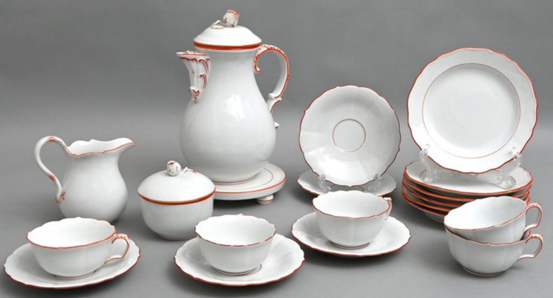 Kaffeeservice, Meissen, koralleroter Rand, 20 Teile / coffee set