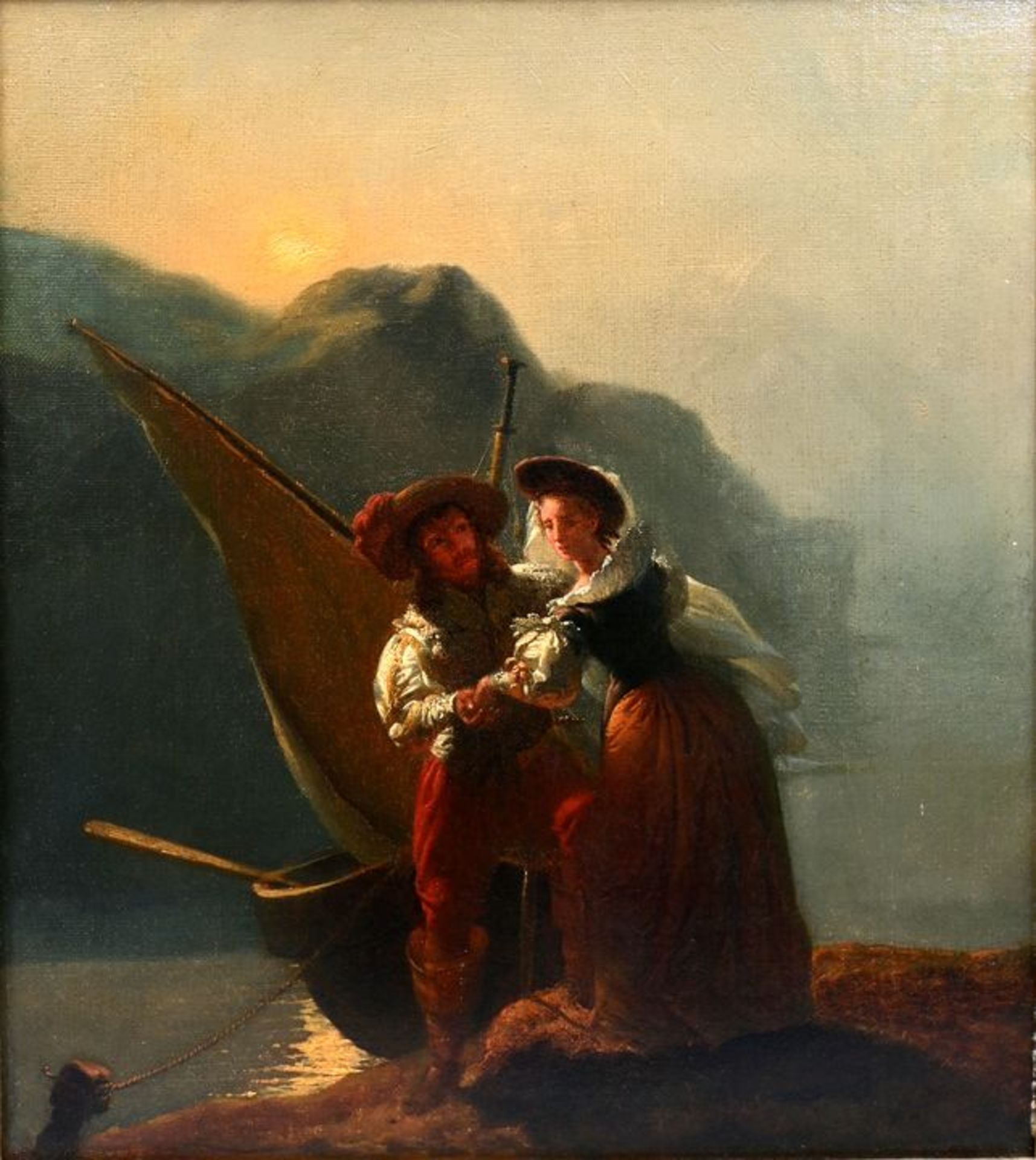 undeutl. sign, Gemälde ''Paar am Kahn'' / unknown, romantic scene, painting