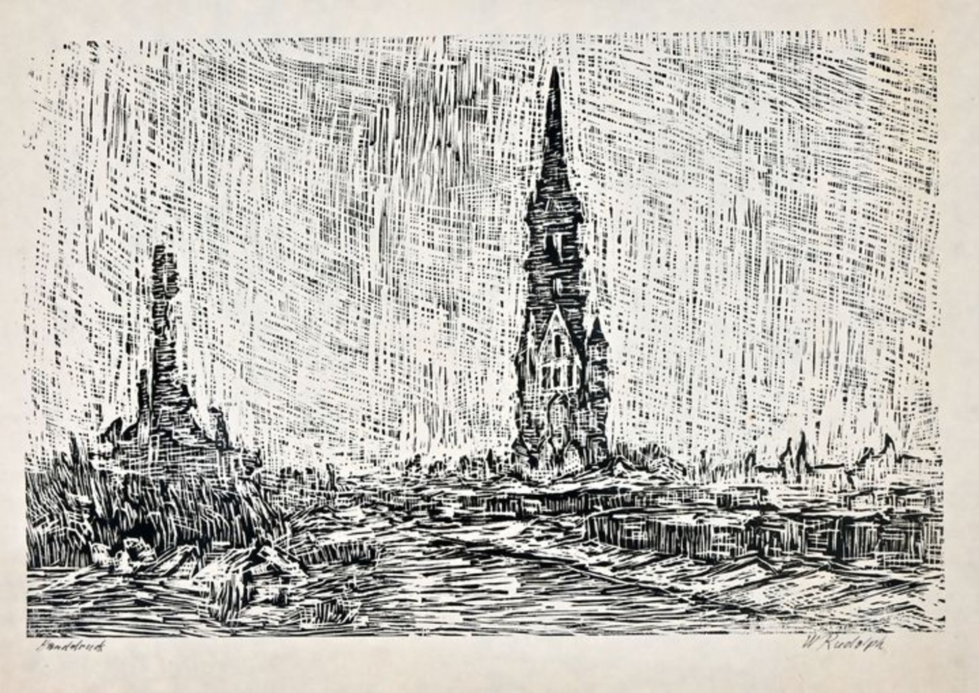 W. Rudolph. Holzschnitt ''Ruinen Türme'' / Rudolph, woodcut