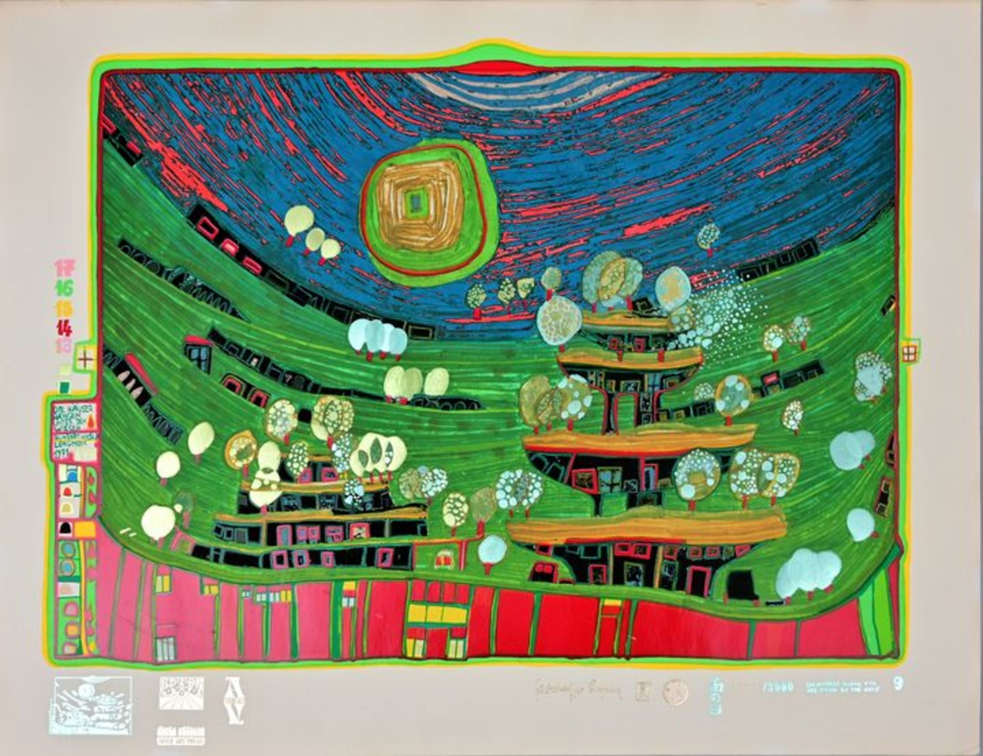 Hundertwasser, Grafik ''Die Häuser hängen unter den Wiesen'' / Hundertwasser, colour serigraph