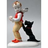 Vertikofigur Junge mit Spitz und Katze / porcelain figure with cat and dog