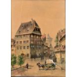 Stieler Aquarell ''Fuhrwerk in Nürnberg'' / Water colour, city view