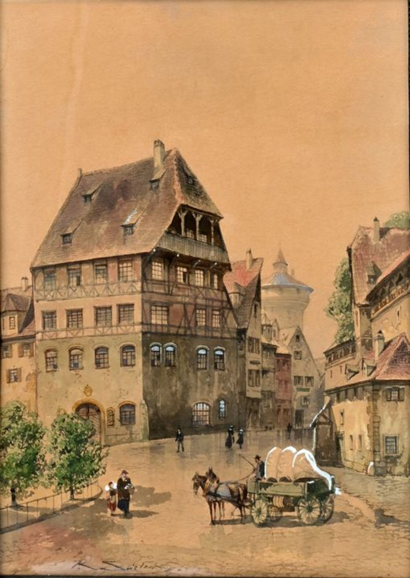 Stieler Aquarell ''Fuhrwerk in Nürnberg'' / Water colour, city view