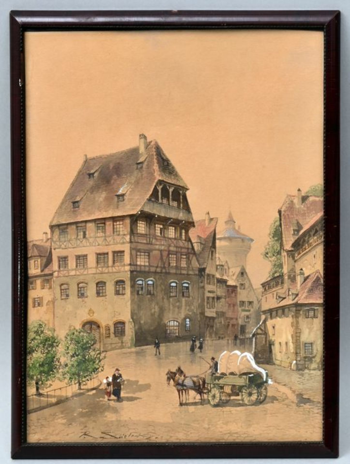 Stieler Aquarell ''Fuhrwerk in Nürnberg'' / Water colour, city view - Image 2 of 5