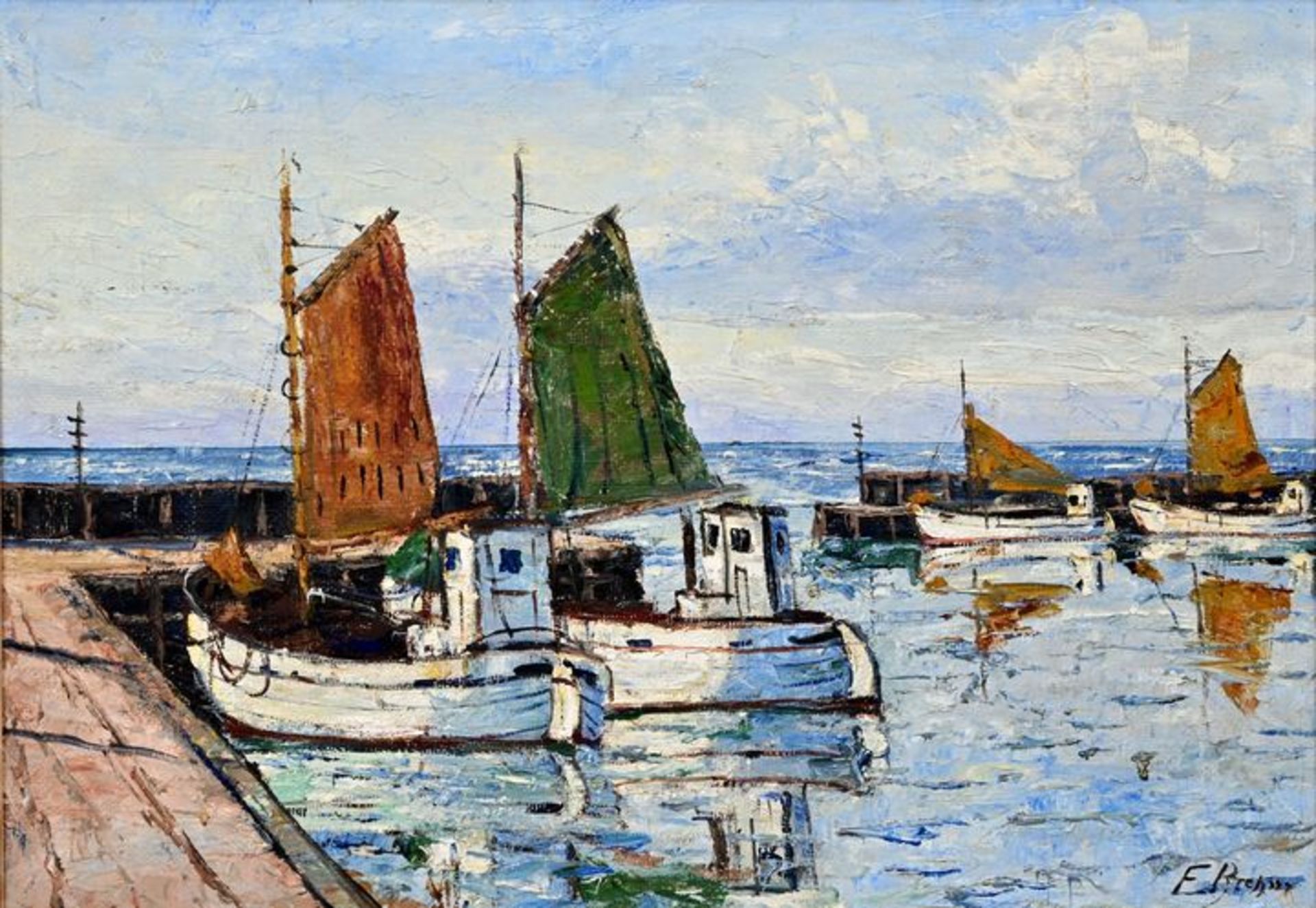 Brehm, Emil Hafenmole mit Segelbooten / painting with boats