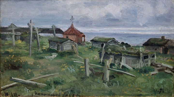 russ. Künstler, Friedhof am Meer / Painting of a cemetery at the coast