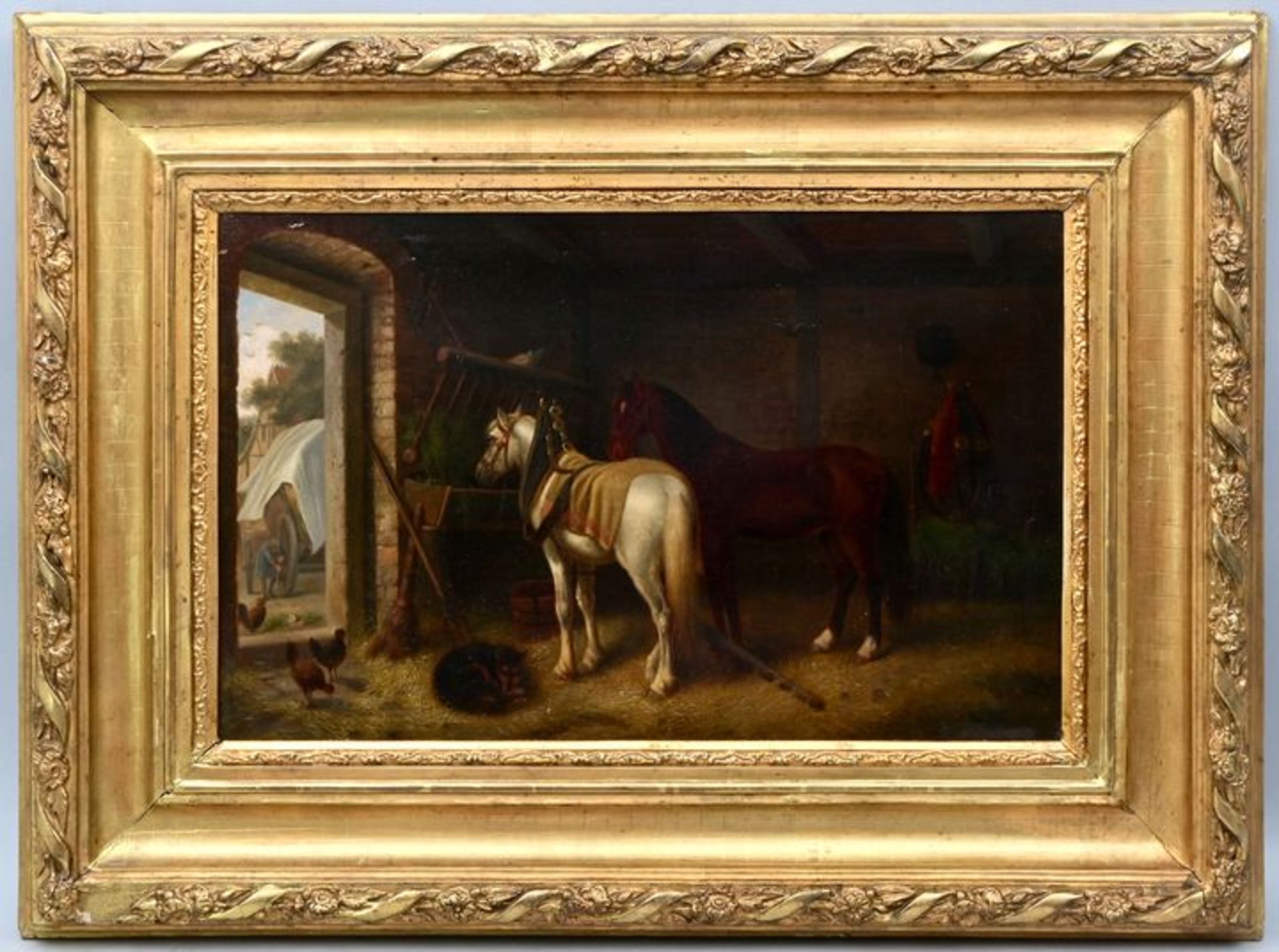 Hahn, Karl Wilhelm, Zwei Pferde im Stall / stable interiour with two horses, painting - Bild 2 aus 5