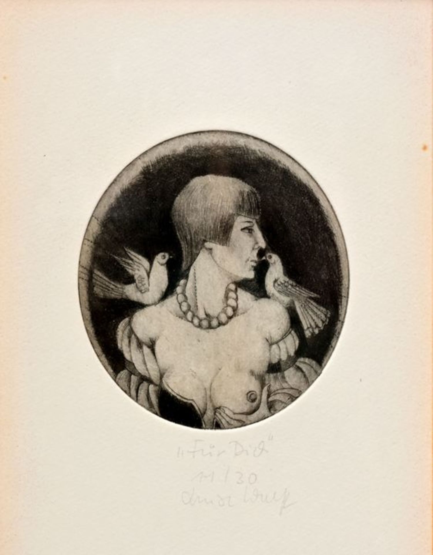 Wulff, Luise  Dame mit Tauben / female nude, etching