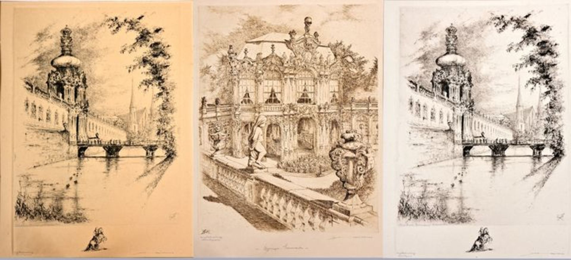 Mildner, drei Radierungen Zwinger / Mildner three etchings