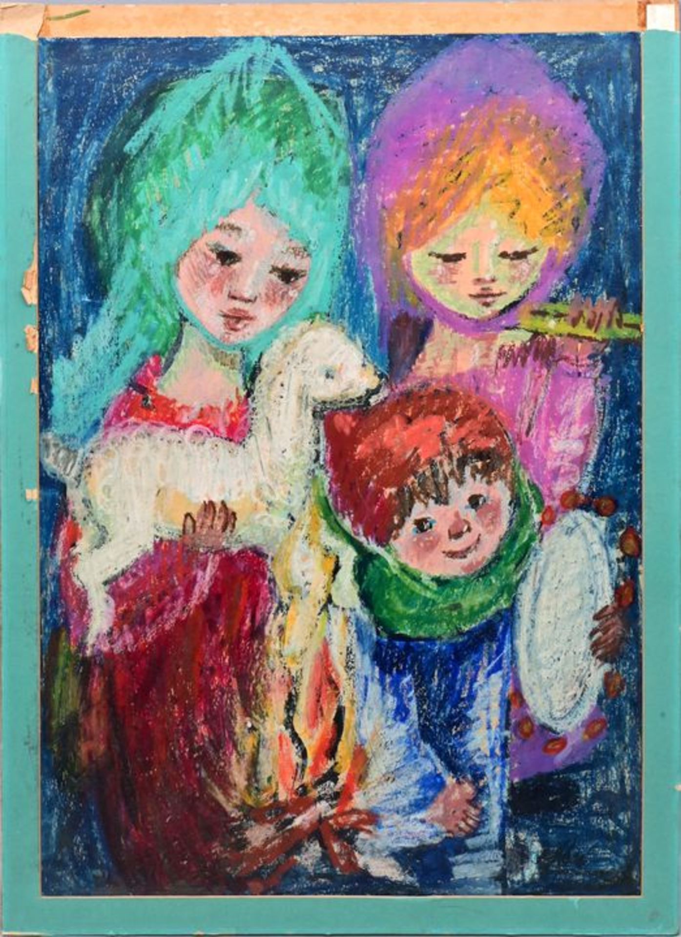 Unbekannt, ca. 1970, Fettkreidezeichnung / Grease crayon, Mother with children