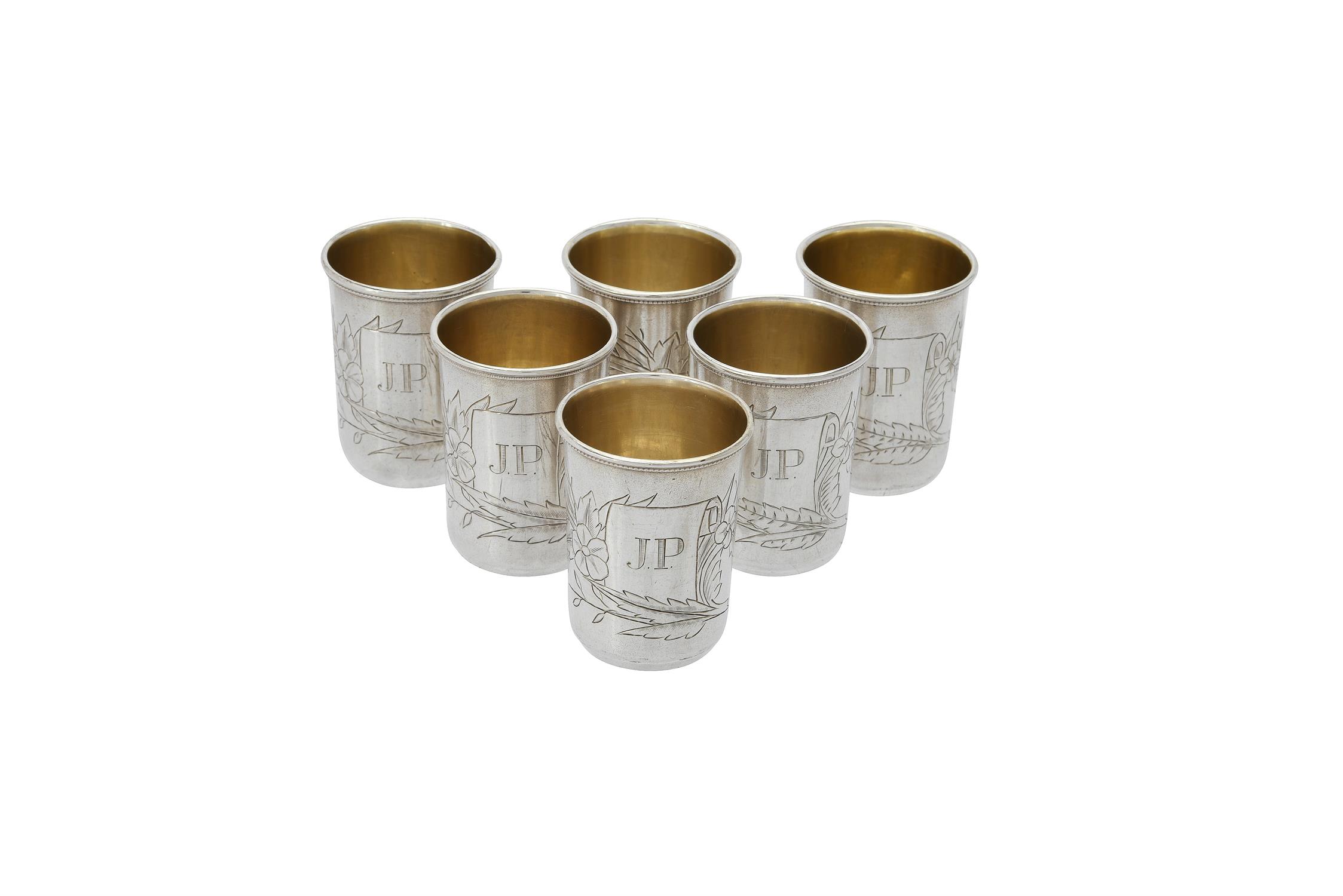 A set of six Russian silver vodka tots