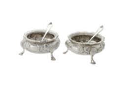 A pair of Victorian silver cauldron salt cellars by Hukin & Heath