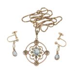 An Edwardian aquamarine and seed pearl pendant