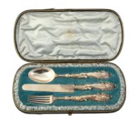 A cased Victorian silver three piece christening set by Francis Higgins II
