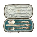 A cased Victorian silver three piece christening set by Francis Higgins II