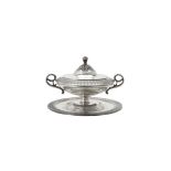 An Italian silver coloured sugar bowl, cover and stand