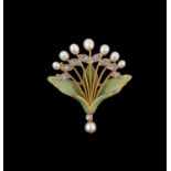 A French Art Nouveau diamond, pearl and enamel brooch