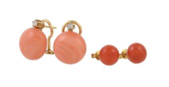 Y A pair of coral and diamond ear studs