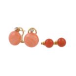 Y A pair of coral and diamond ear studs