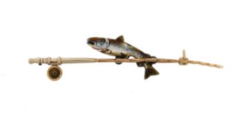 A early 20th century enamelled salmon and fishing rod brooch by Alabaster & Wilson