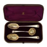 A cased George III matched Old English pattern three piece serving set