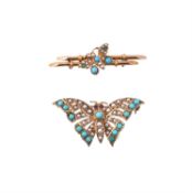 A 9 carat gold half cultured pearl and turquoise butterfly brooch