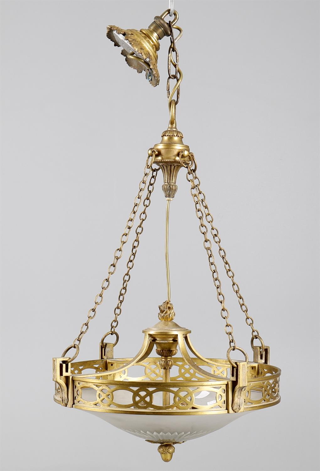 A late 19th/early 20th century French gilt metal and glass four light hanging light