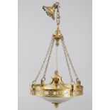 A late 19th/early 20th century French gilt metal and glass four light hanging light