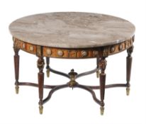 A gilt metal mounted marble topped beech round low table in Louis XVI style