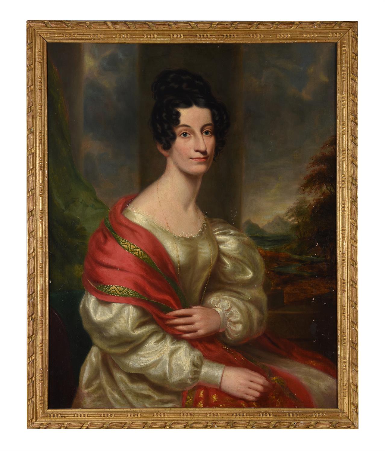 Circle of George Henry Harlow , Portrait of lady in a landscape wearing a red shawl - Image 2 of 3