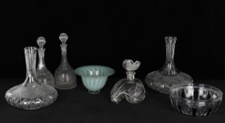 Glass including a pair of George III style cut glass mallet shaped decanters and stoppers