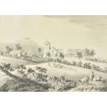 Attributed to Anthony Devis (British 1729-1817), Farming scene with church in the distance