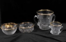 A suite of French silver gilt mounted cut glass pieces including a caviar bowl