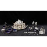 Assorted small silver and silver plate including a silver plated egg cruet centrepiece